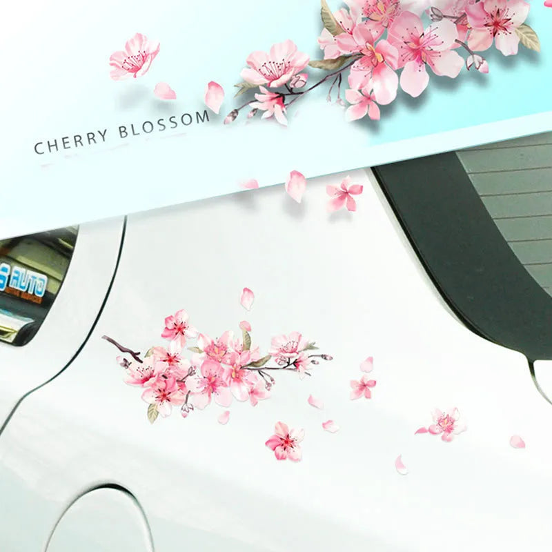 Cherry blossom flower pattern car sticker on vehicle, showing small and large size options.