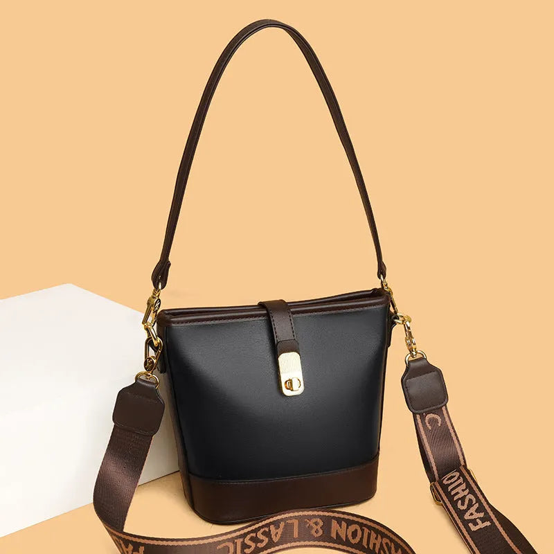 Korean-style black bucket shoulder bag with internal organisation compartments