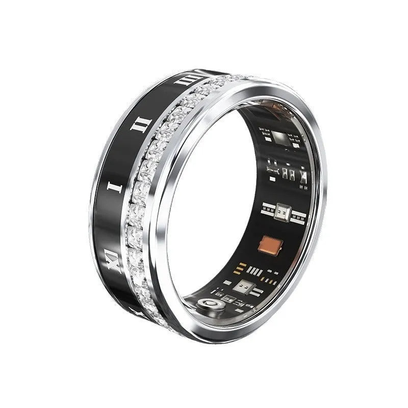 Gold and silver smart rings with diamond inlay for blood oxygen monitoring on a finger.