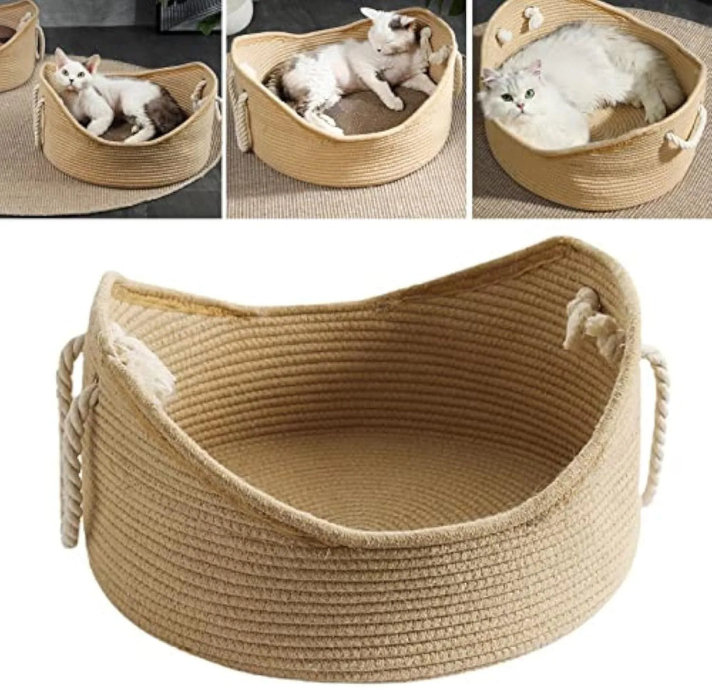 Wicker-style corrugated paper cat bed basket with integrated scratching surface