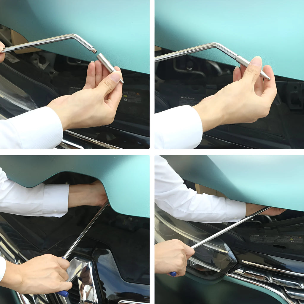 Three alloy steel car dent repair crowbars of different sizes on a workshop surface