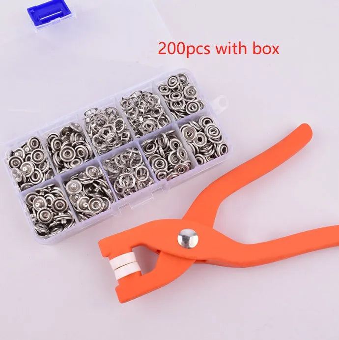 Stainless steel five claw clasp no-sew buttons measuring 9.5mm with pliers tool for children's clothing