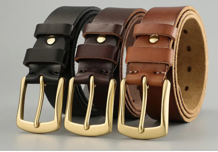 Handmade cowhide men's belt with needle buckle and bare rivet in black and khaki sizes 105cm to 140cm