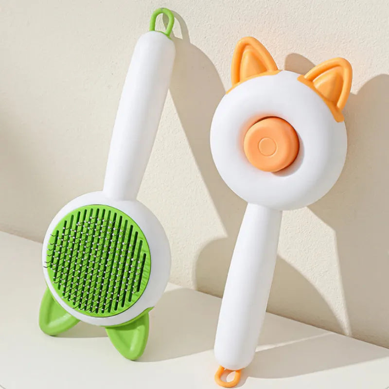 Self-cleaning cat dematting comb grooming tool in greenish white colour with stainless steel tines