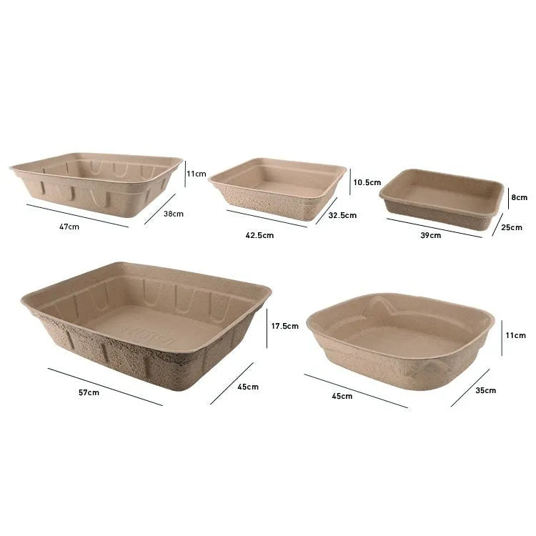 Brown disposable cat litter box showing its waterproof, degradable material and one of three available sizes.