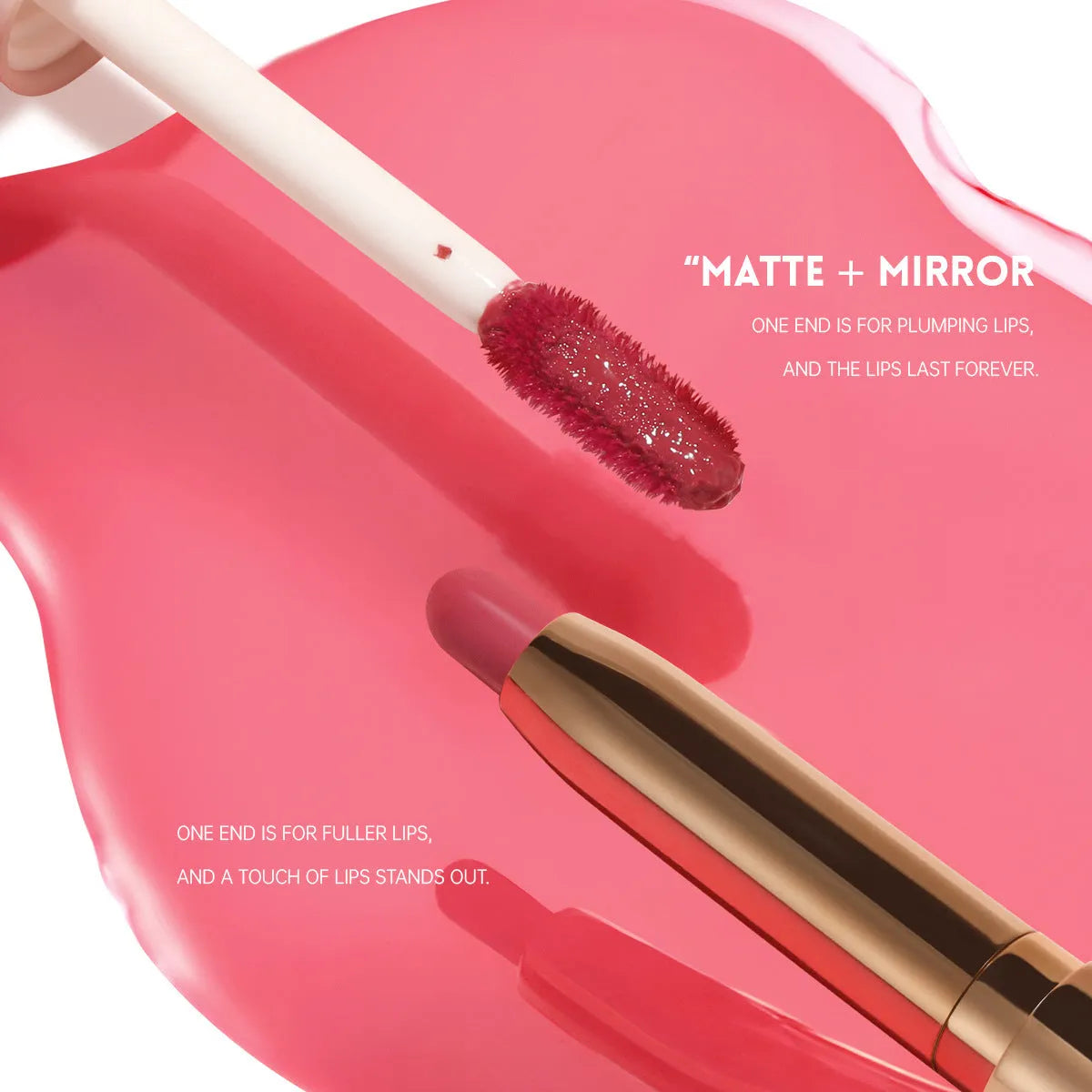 Double-headed lipstick with two colour tips showing matte finish, available in 10 colour variations
