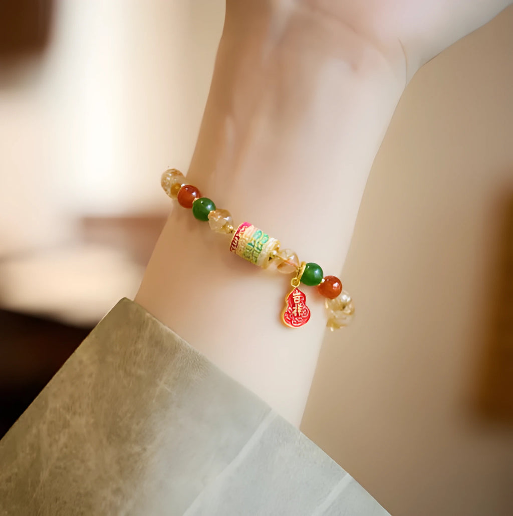 Citrine five sutra hand-woven bracelet with 6mm crystal beads geometric design