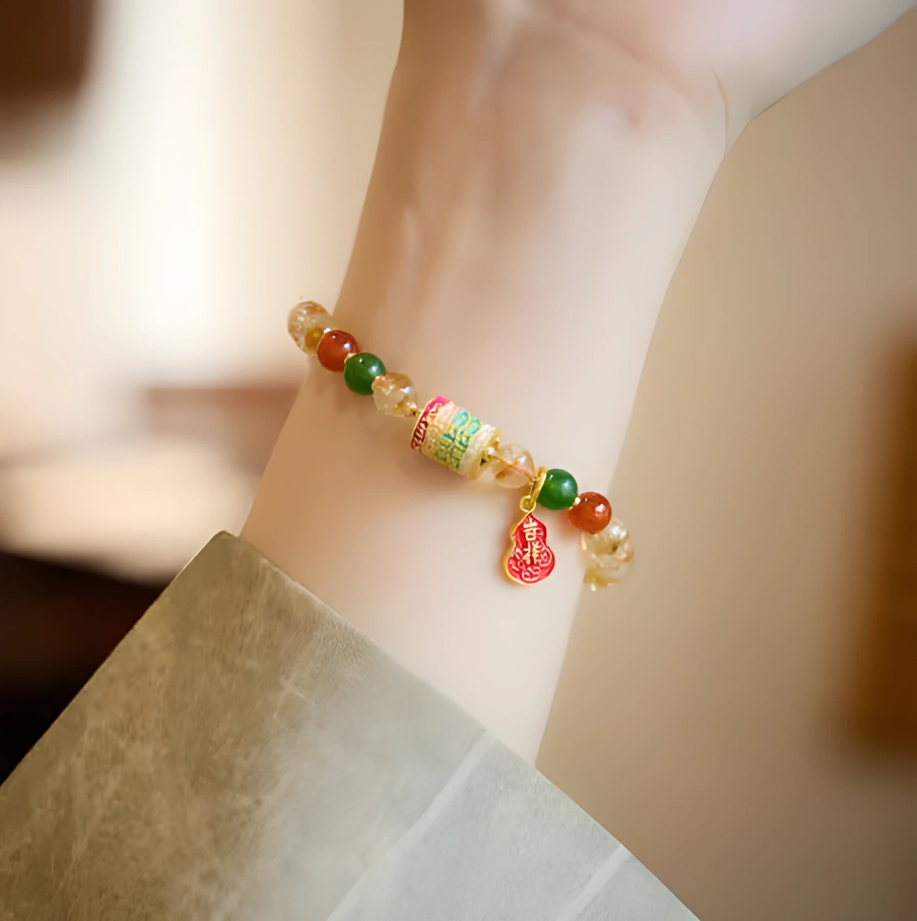 Citrine five sutra hand-woven bracelet with 6mm crystal beads geometric design