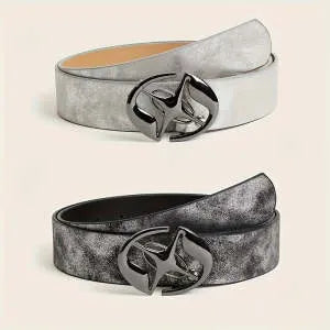 Retro style thick women's belt with oval alloy buckle on PU leather in grey white colour.