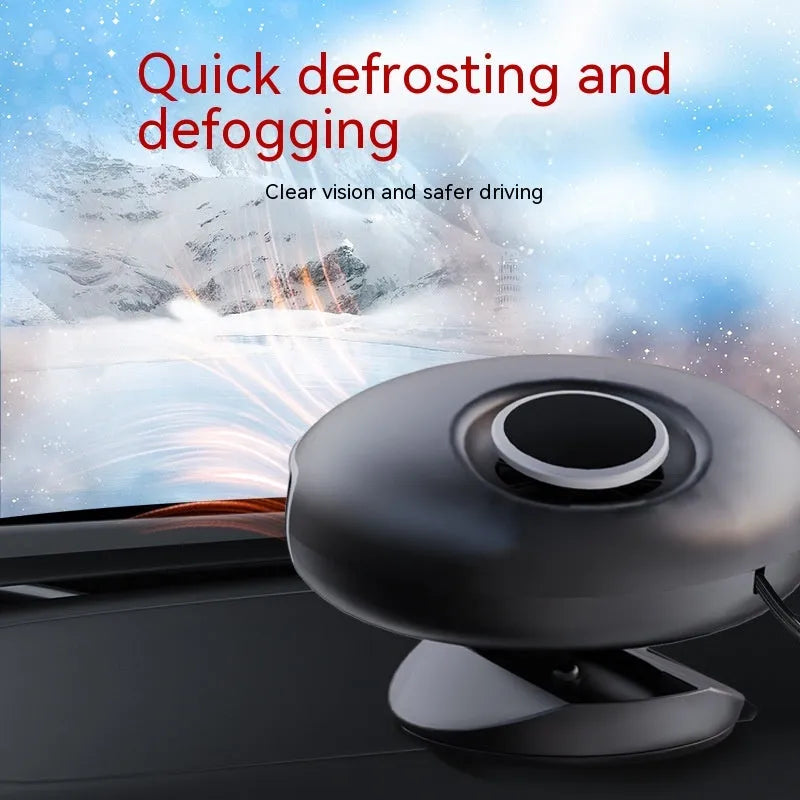 Black ABS car warm air blower heater for defrosting with long power cable, 12V or 24V model.