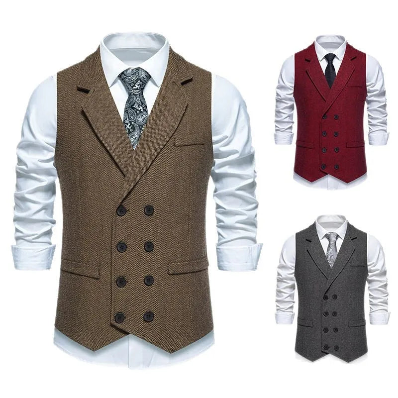 Men's herringbone tweed double breasted slim fit suit vest in dark gray