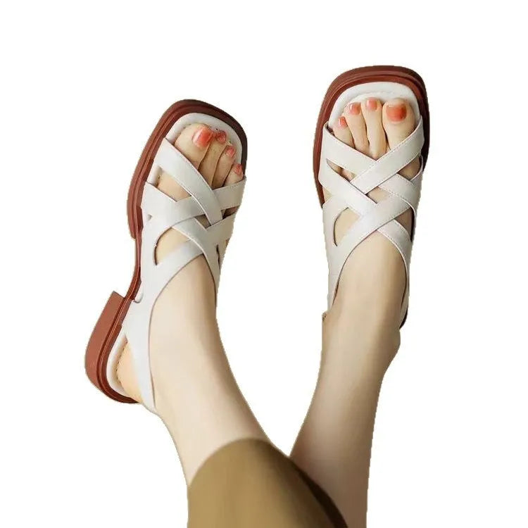 Women's patent leather square-toe sandals in retro style with cross-strap design