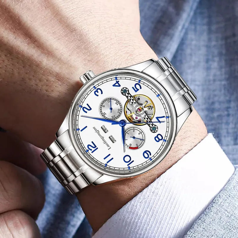 Men's stainless steel mechanical business watch with sapphire crystal and transparent case back