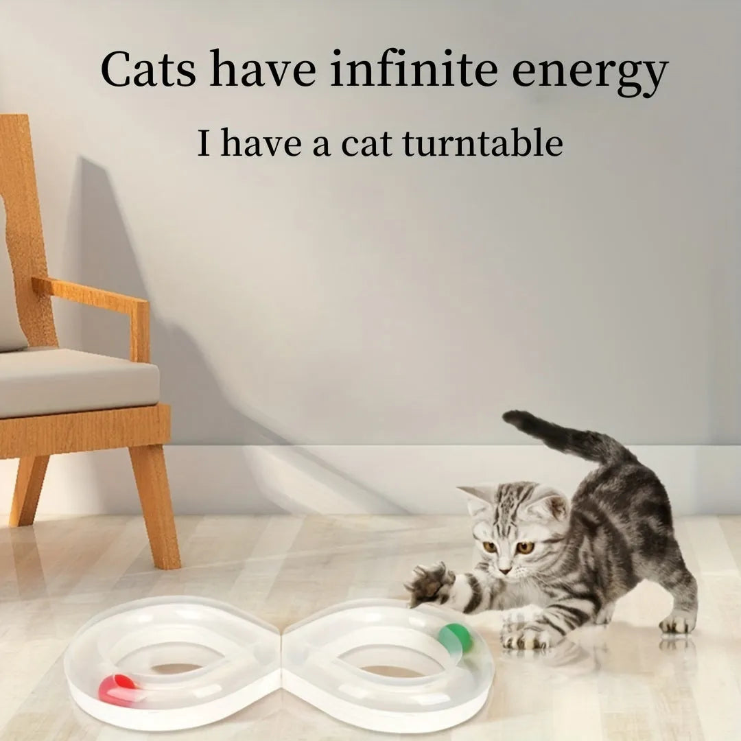 Blue and white cat turntable track ball toy with spinning mechanism for interactive play
