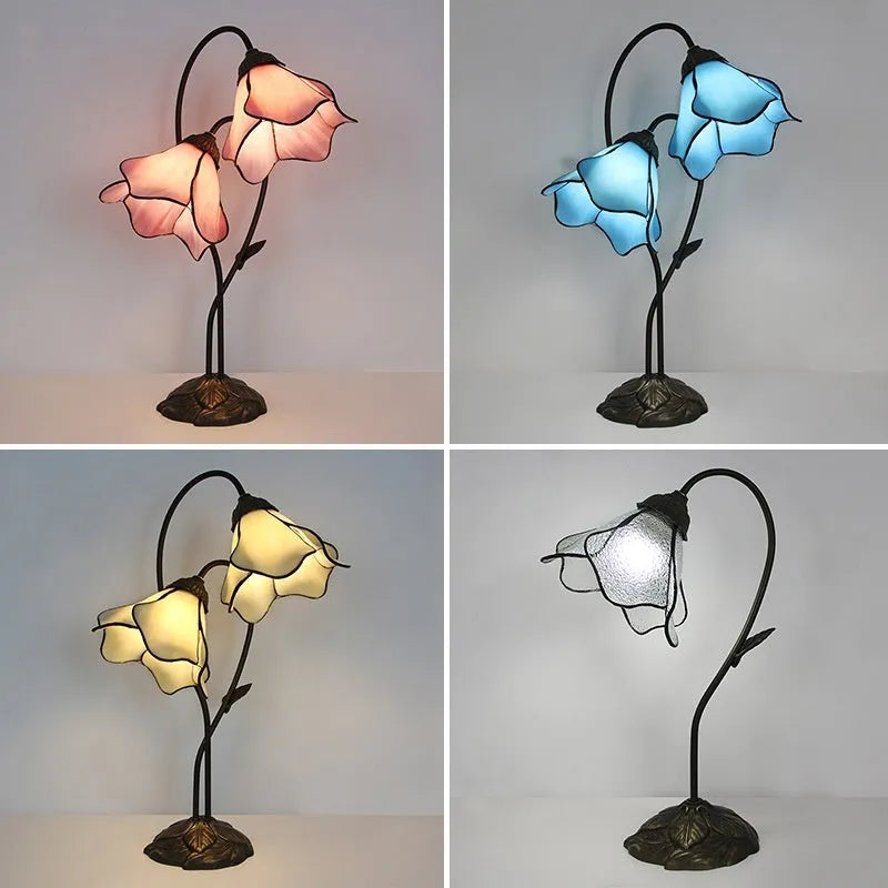 Retro American glass lotus desk lamp with double head pink shade on table