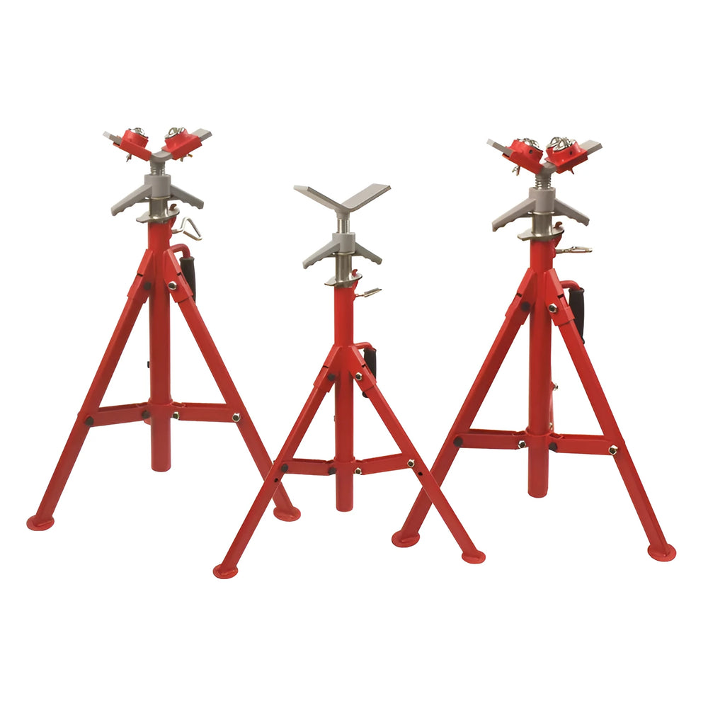 Metal V-head pipe bracket for supporting steel pipe, shown in high and low profile options.