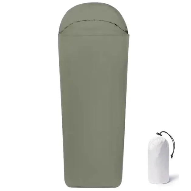 Blue and green adult mummy type nylon camping sleeping bag laid flat, showing dimensions.