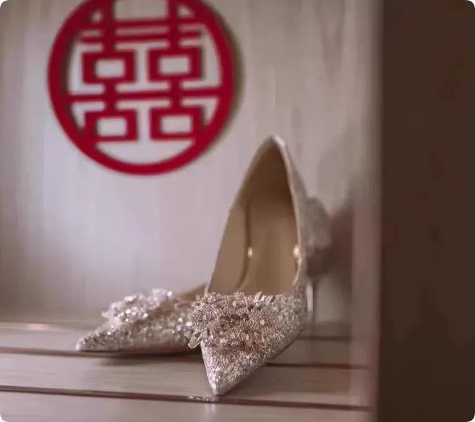 Xiuhe champagne wedding shoes with crystal rhinestones and pointed toe