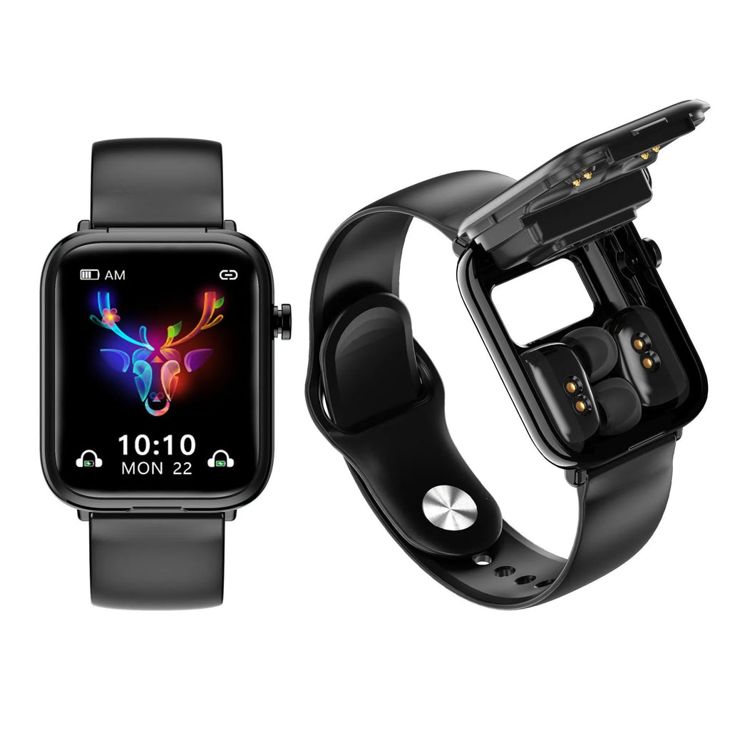 Black all-touch smart Bluetooth headset watch with 1.69-inch display and separate earbuds.