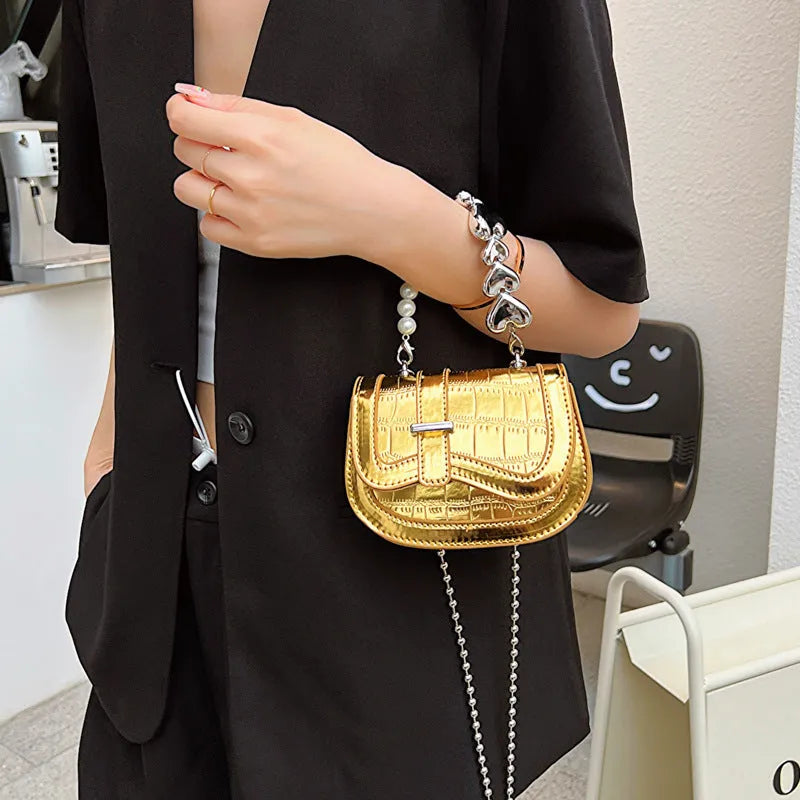 Laser pearl tote saddle girl mini crossbody bag in horizontal square shape with single strap