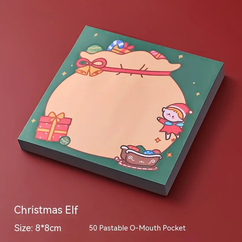 A5 Christmas sticky notes featuring eight designs including bear, elf, gift, and Santa Claus