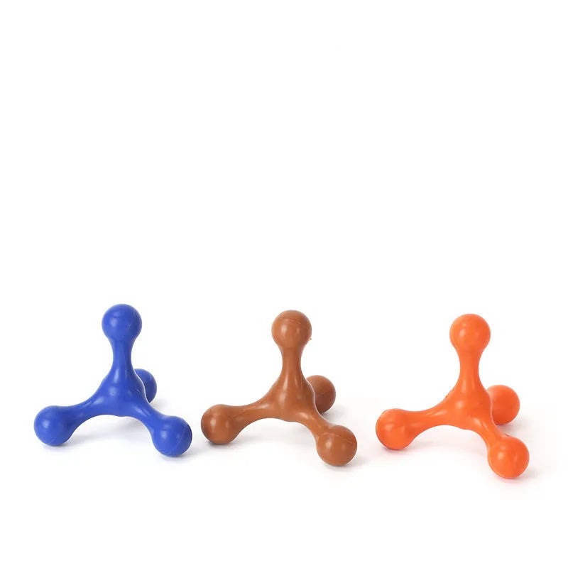Blue three-legged silicone chew toy for small dogs on white background