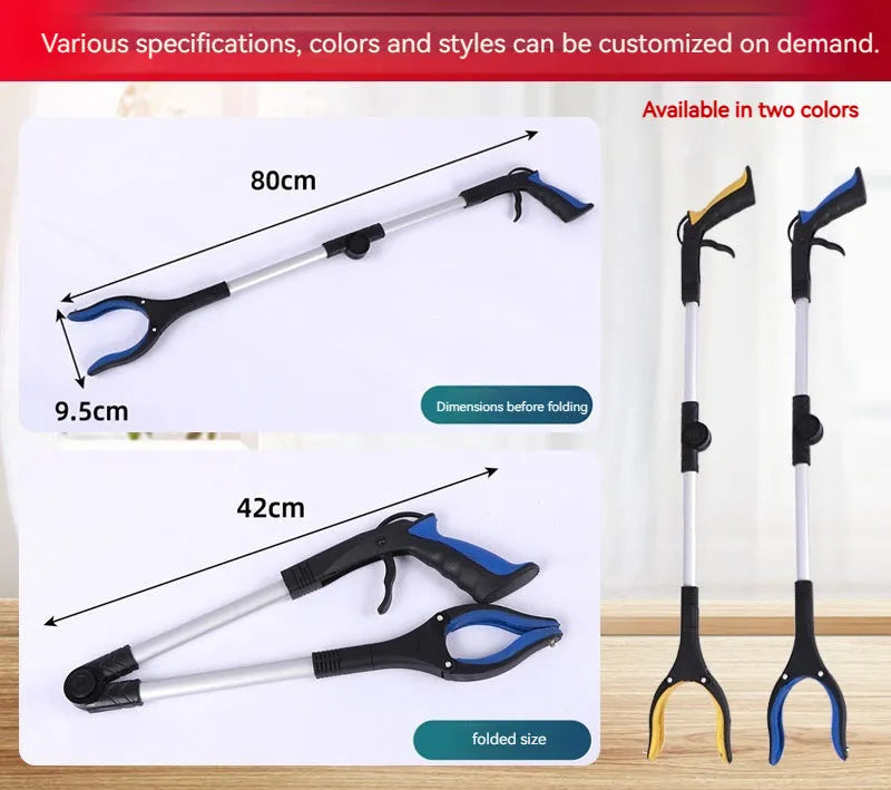 Foldable aluminium garbage clamp showing extended 80cm length and magnetic sucker attachment