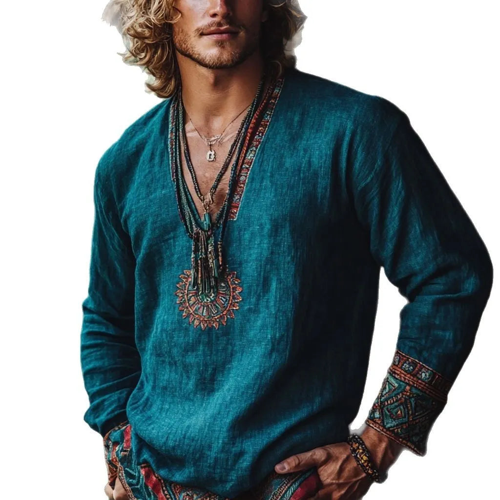 Boho vintage print long sleeve pullover top in European retro style