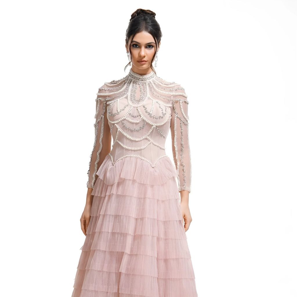 Women's black polyester beaded dress with long sleeves and three-dimensional decorations