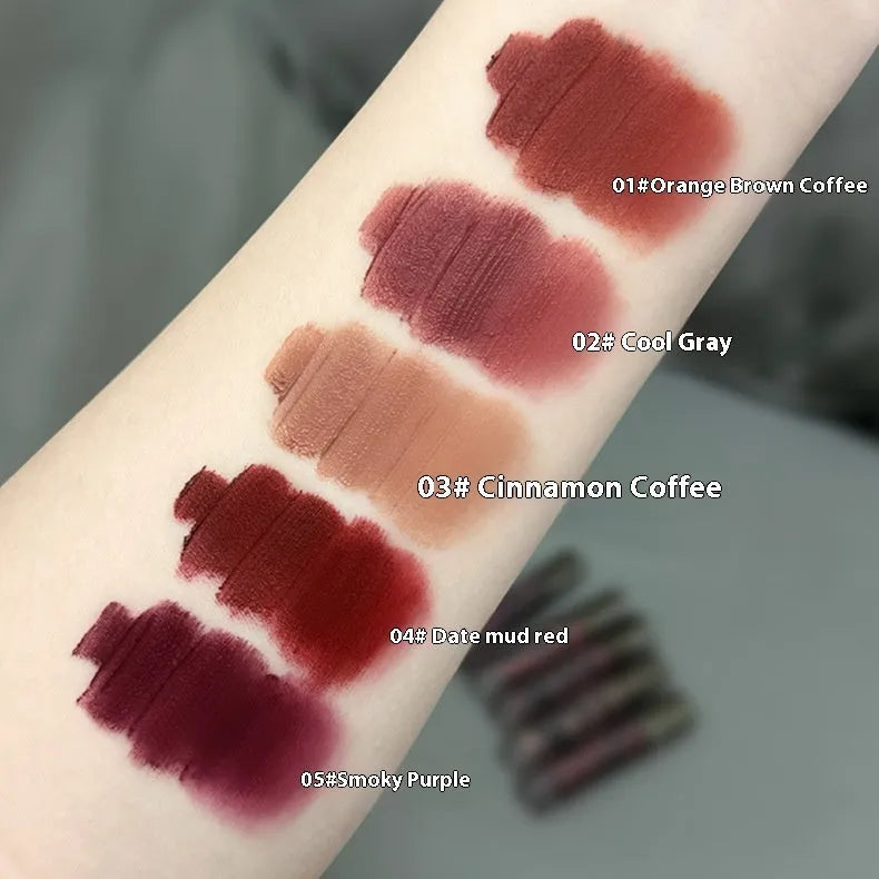 Lava Secret matte liquid lipstick tube showing no-stain technology and five natural shade options