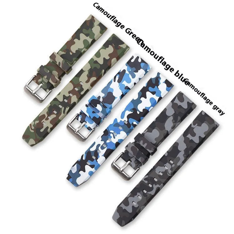 Green, blue, and grey camouflage silicone watch straps showing 20mm, 22mm, and 24mm width options.