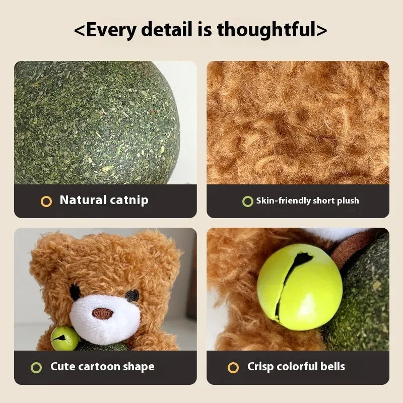 Brown bear design catnip plush toy with bell and mint ball for cats, showing 15cm height
