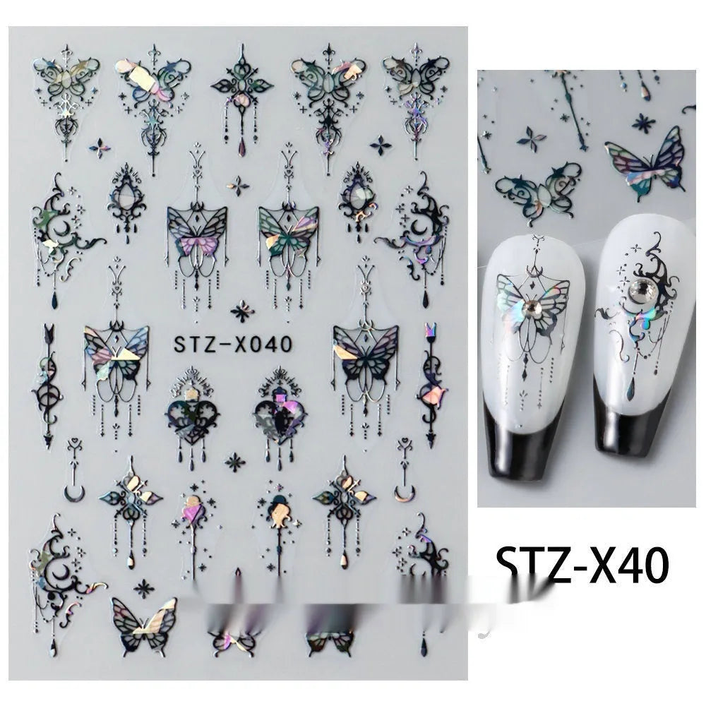 Set of 60 black and silver cartoon pattern nail strip stickers with plastic application patch.
