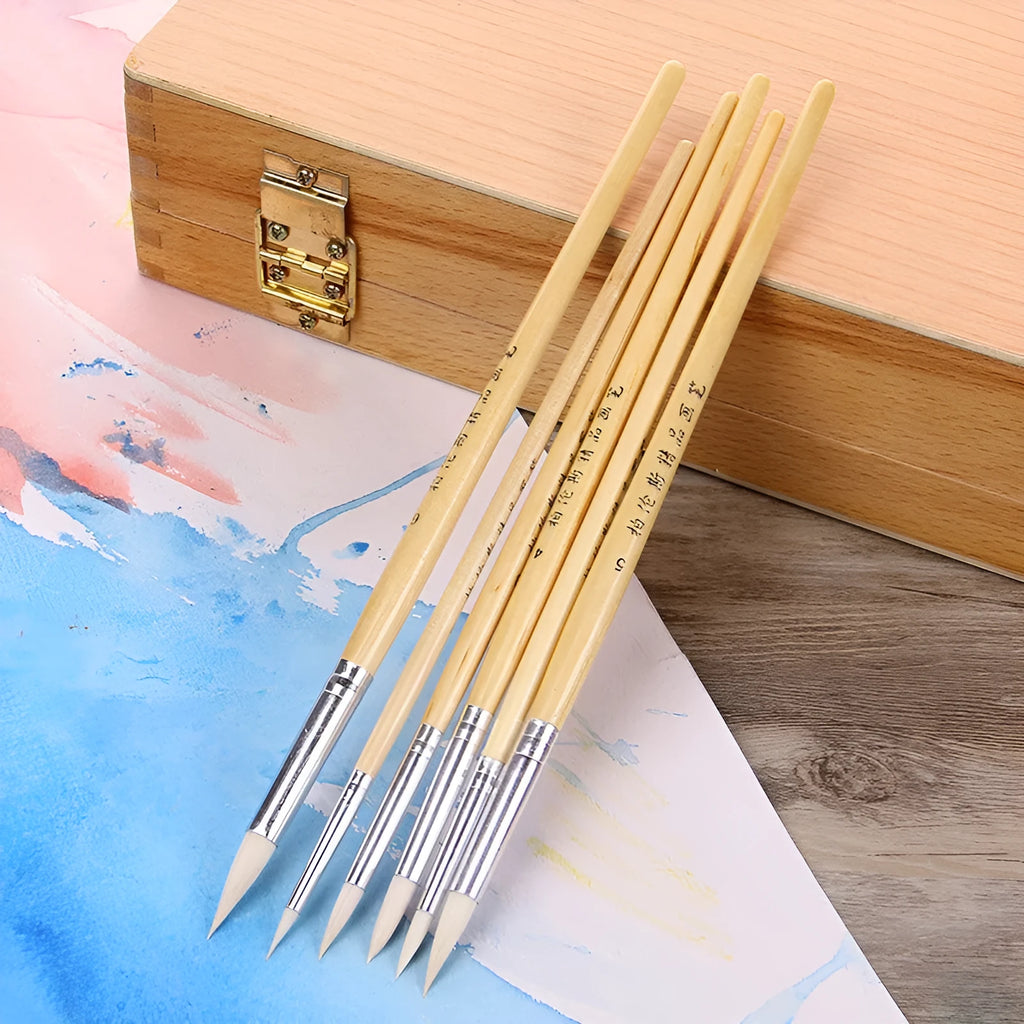 6 wooden hook line pen brushes for wool craft with pointed handles and conventional colours