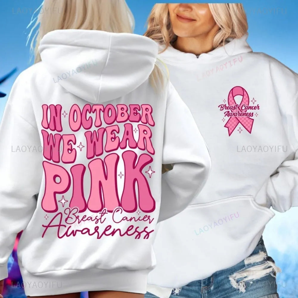 Breast Cancer Awareness pink ribbon retro print hoodie with side pocket