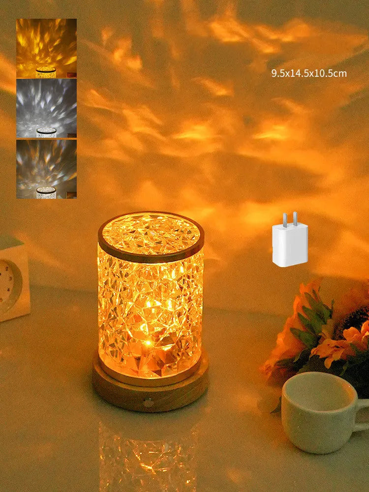 Small rotating water ripple night light with USB cable and touch control on solid wood base