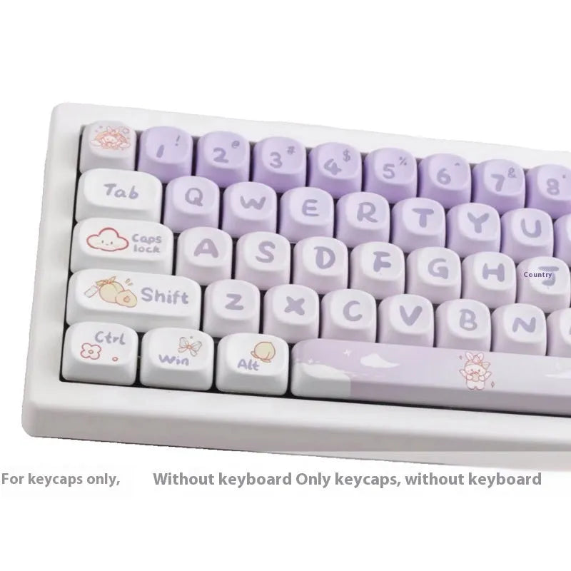 Set of gradient purple PBT keycaps with colourful Coeco rabbit artwork for mechanical keyboards.
