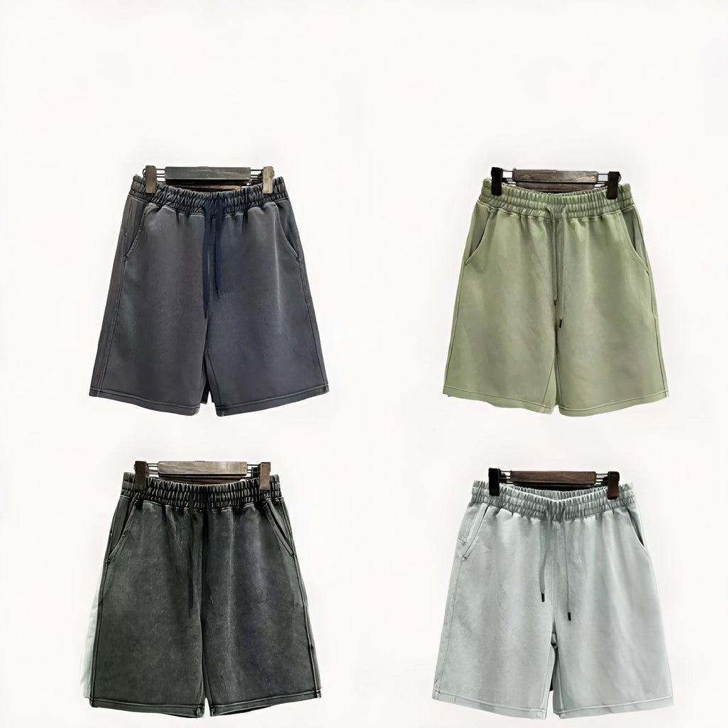 Men's distressed cotton shorts in straight cut loose casual style showing colour options