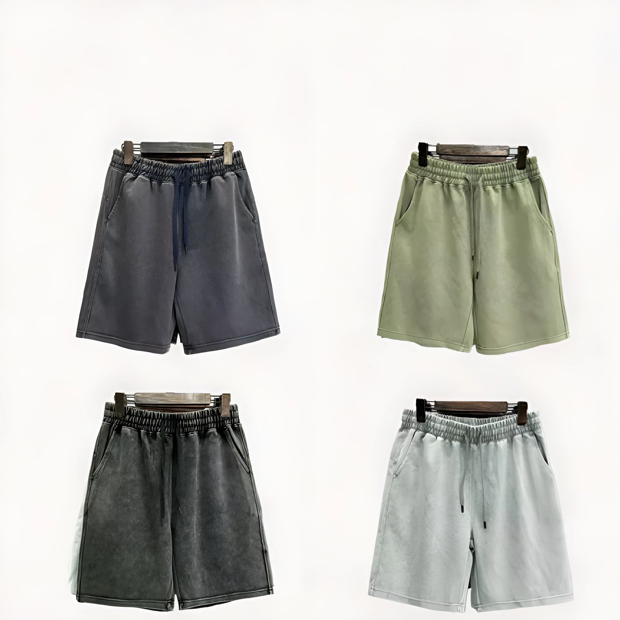 Men's distressed cotton shorts in straight cut loose casual style showing colour options