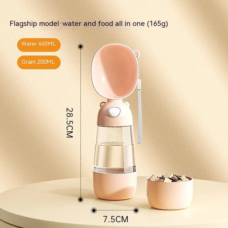 Portable dog water bottle feeder with food compartment in brown colour for outdoor walks