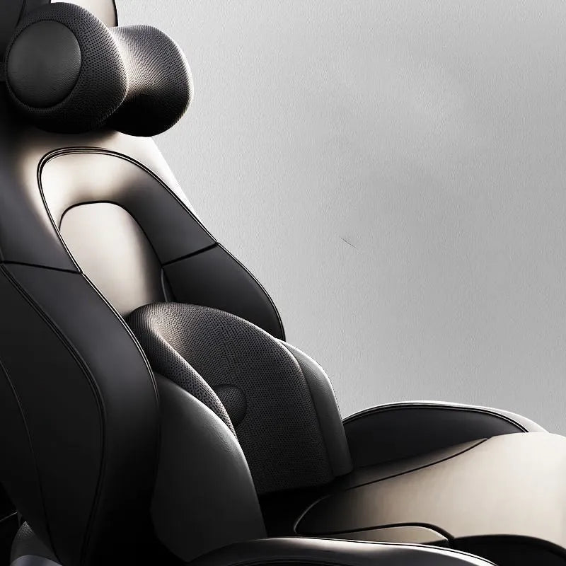 Car electric massage cushion in memory cotton shown as a headrest and lumbar support in grey colour