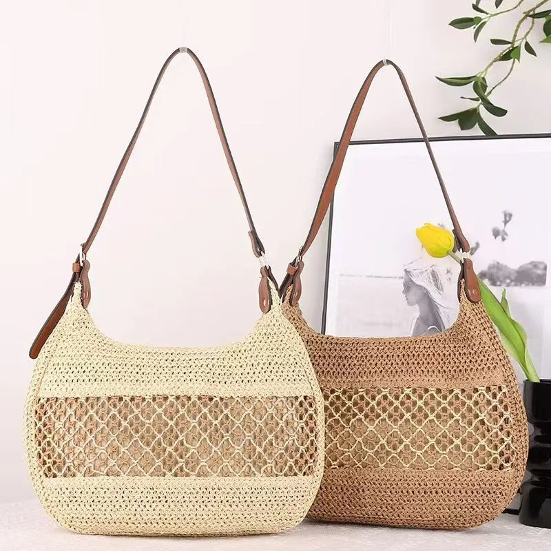 Women's casual soft straw cross body bag in khaki beige with horizontal square shape and sandwich pocket