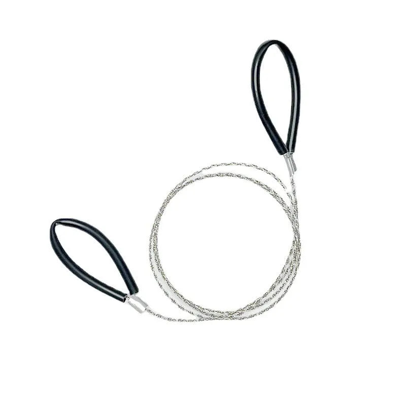 Close-up of a black coiled stainless steel wire survival saw with a total length of 70cm.