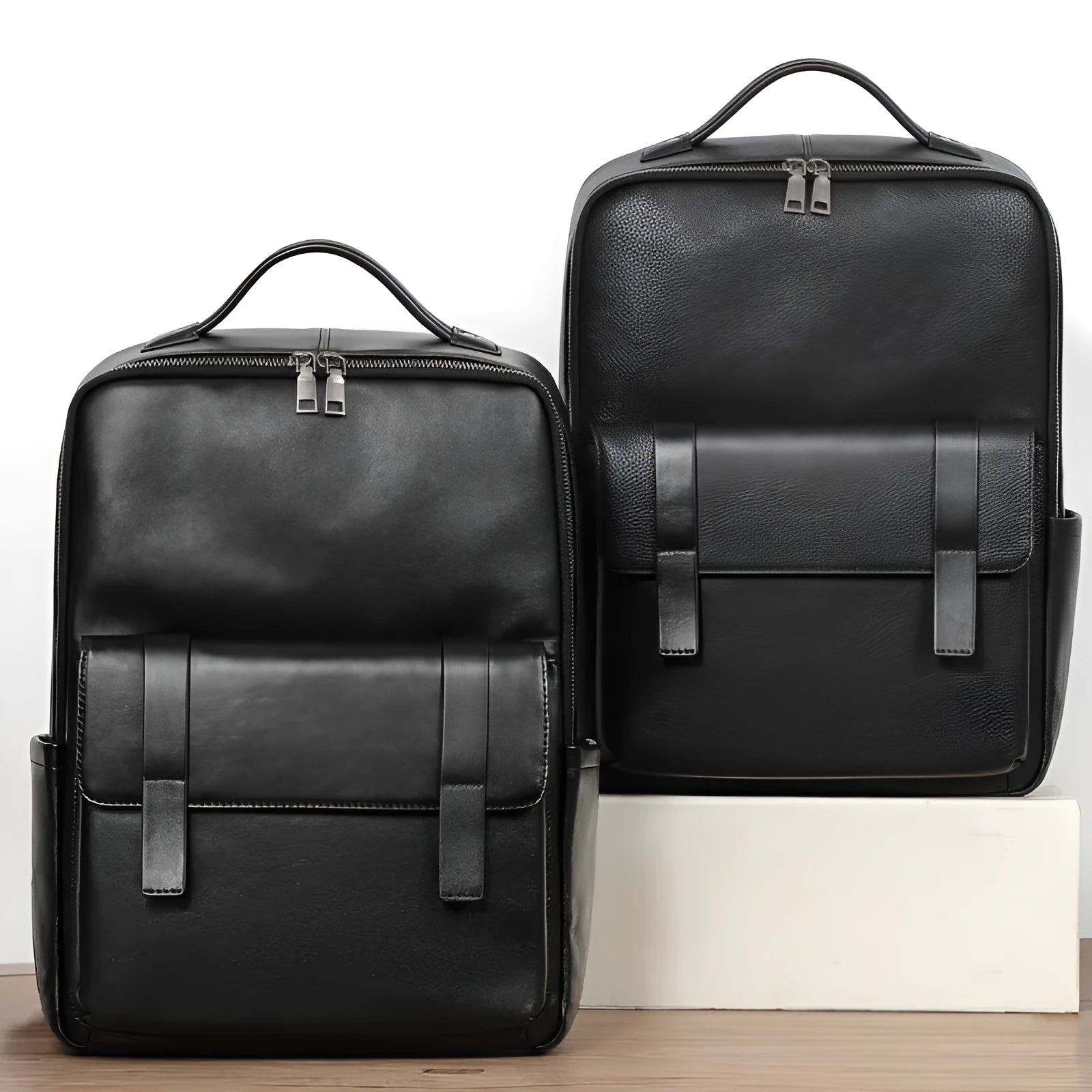 Black litchi grain men's genuine leather computer backpack with large capacity and business design