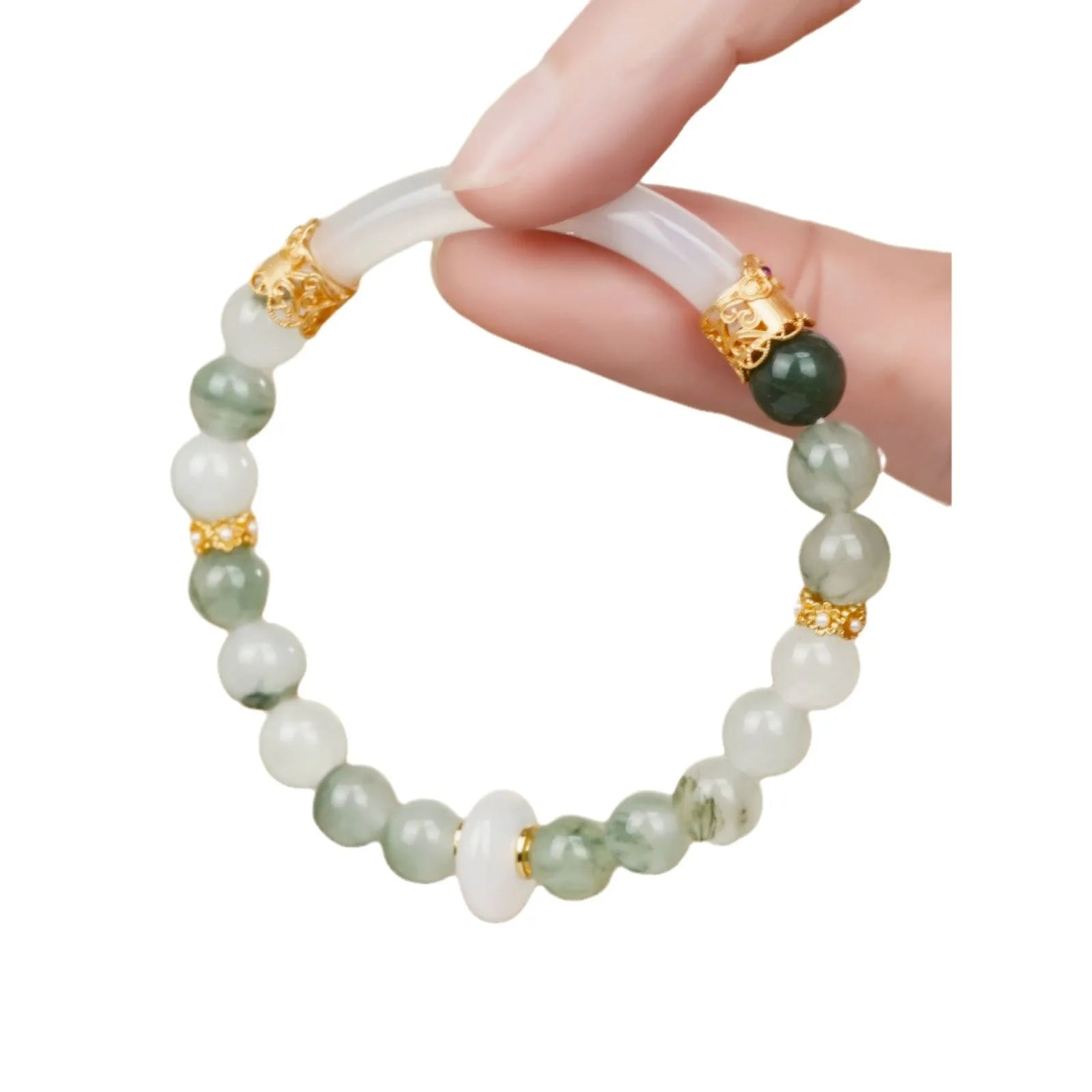 Emerald Green Tian Shan Cui stone half bracelet for women with round national style design.