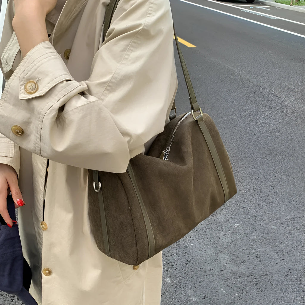 Women's suede crossbody bag in brown with large capacity and retro horizontal square shape