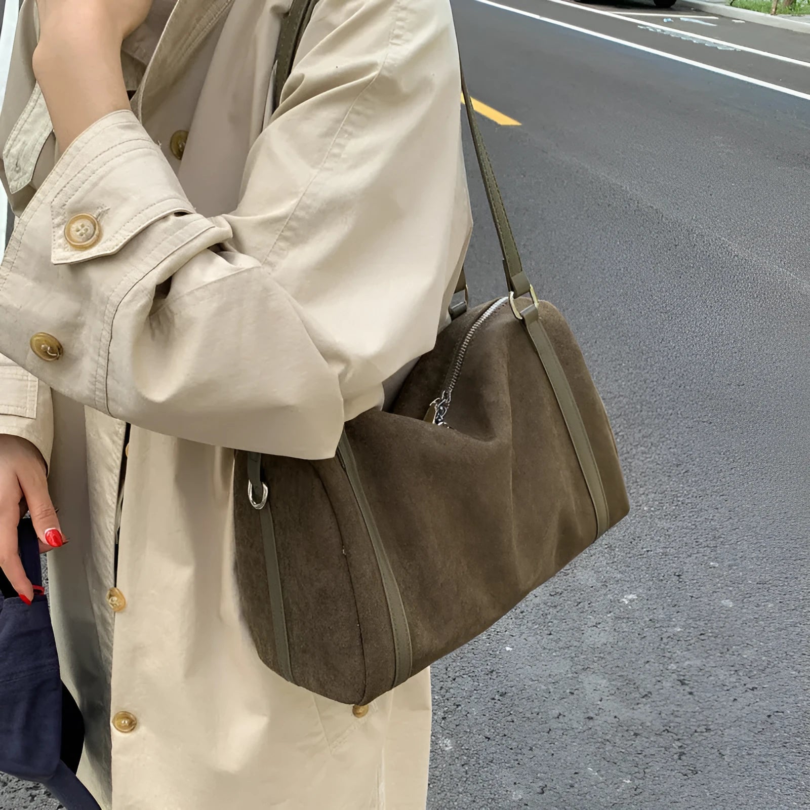 Women's suede crossbody bag in brown with large capacity and retro horizontal square shape
