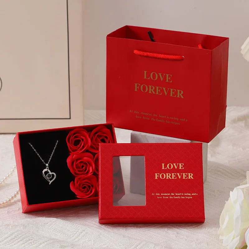 Red soap flower gift box set with six flowers, handbag, and Korean style design.