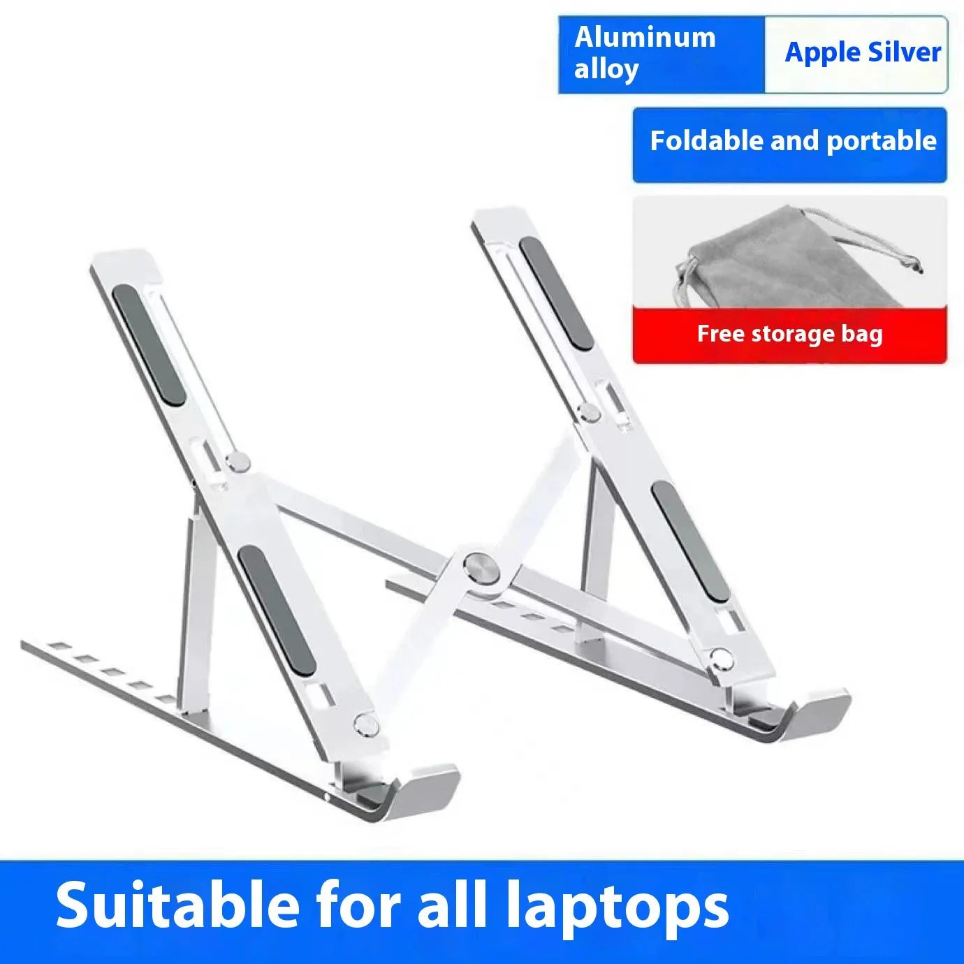 Silver aluminium folding laptop stand shown open and closed next to a laptop