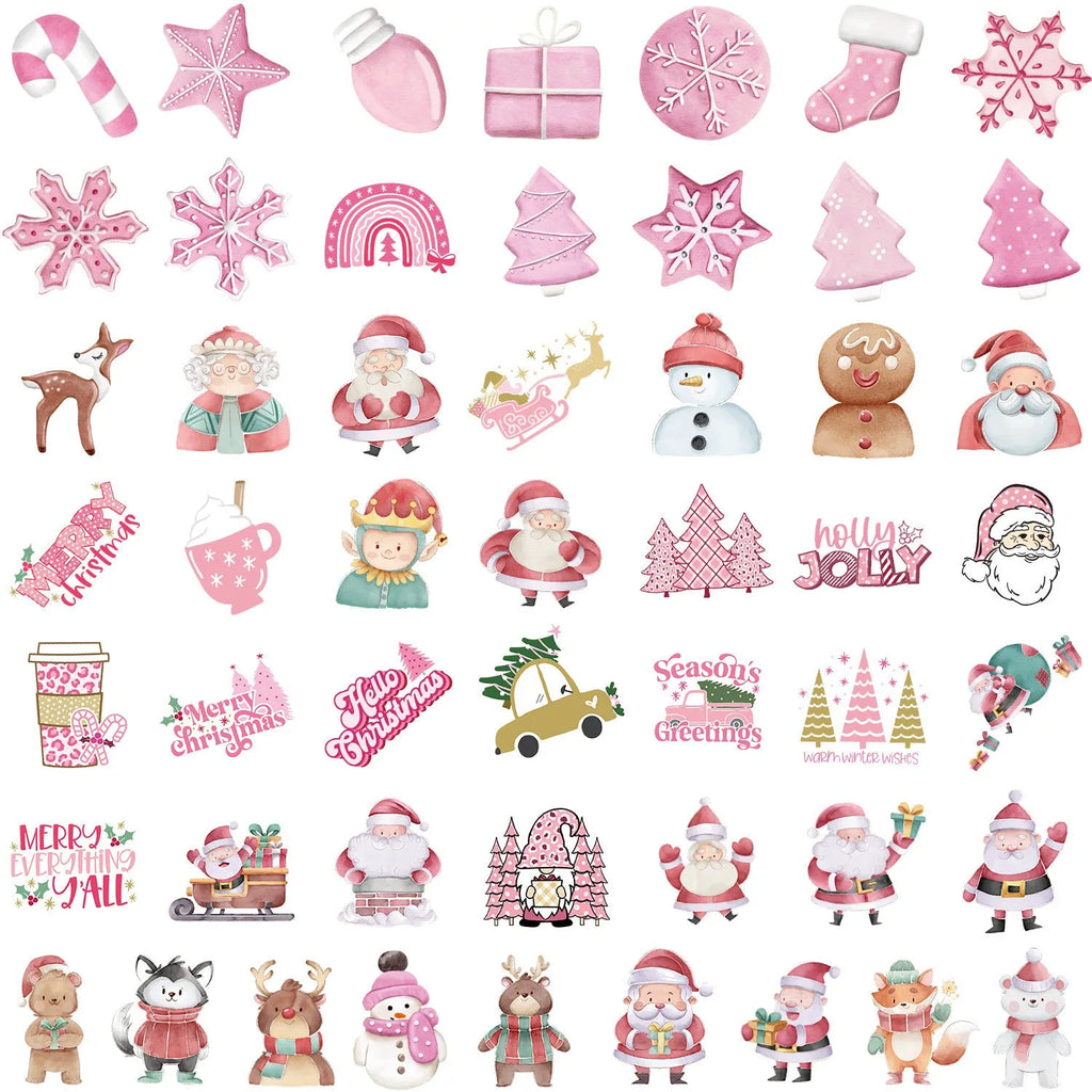Pack of 50 cute Christmas waterproof stickers in various sizes from 4 to 8 cm.